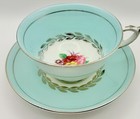 Vintage Paragon England Teal Blue Rose Floral Cup   Saucer  Teacup Silver Gilt