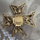 Gold Tone Maltese Cross Brooch Pin Red Round Center Stone Multicolor Cabochons