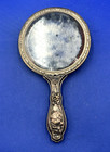 Antique Art Nouveau Floral Repousse Silver Plate Hand Vanity Mirror Csa-111