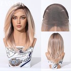 Women Ombre Medium Long Straight Lace Wig Free Part Heat Resistant Synthetic Wig