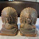 Antiquecast Iron Native American Indian Chief Head Bookends Copper Patina Signed
