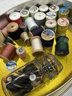 Vtg Assorted Sewing Notions Spools Some Wooden Oval The Road- Winter Sled Tin
