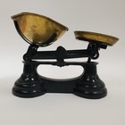 Vtg English Cast Iron Balance Scale Black Enamel Base Two Brass Weighing Pans