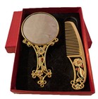 Ornate Vintage Metal Hand-held Mirror    Comb Vanity Set  - In Gift Box