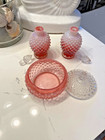 Vtg Fenton Cranberry Opalescent Hobnail Glass Vanity Set Perfumes   Powder Jar