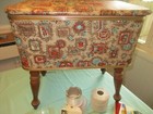 Vtg  Burlington Hawkeye Mid Century Sewing Box Basket Bench stool Ottoman W misc