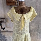 Vintage 1930s 1940s Yellow Organza Maxi Dress Ribbon Bow Embroidery Front Slit