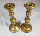 Set Of Two Vintage Solid Brass 3 Piece Candlesticks Great Patina 9 5  Inch