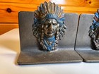 Antique Cast Iron Bookends Native American Indian Chief Headdress Polychrome