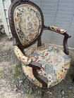 Antique Round Wood Dining Set With Carvings  Table   2 Upholstered Armchairs