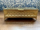 Vintage Ormolu Jewelry Box Gold Trinket Filigree Beveled Glass Rectangle Casket