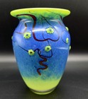 Signed Don Bagwell Art Glass Floral Vase - Blue Green Swirl Applied Vines 6 Inch