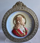 Beautiful Sacred Heart Of Jesus Vintage Wall Plaque In Ornate Brass Frame 3d