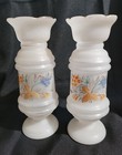 Pair Of Antique White Handblown Bristol Glass Handpainted Vases Floral Flowers
