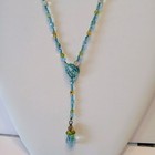 Vtg Beautiful Adjustable 24  Lariat earrings Set Aqua Seed Beads W yellow Beads