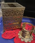 Vtg Japan Gold Filigree Vanity Set Mirror  Cup Holders   Tissue Box Cover