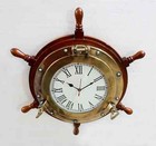 Antique Marine 18  Wooden Ship Wheel Porthole Vintage Clock Nautical Wall Clock