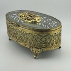Matson 576 Ormolu Jewelry Casket Beveled Glass Floral Footed Gold 1960s Vtg