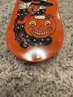 Vintage Halloween Tin Noisemaker Litho Witch And Pumpkin Great Color 