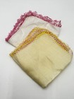 Vintage Linen Handkerchief Set 2 Tatting Lace Trim Pink Yellow Wedding Hankies