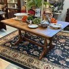 Vintage Solid Oak Farmhouse Dining Table Trestle Base 60    2 Leaves Country