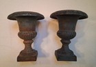 Vintage Pair Of Cast Iron Urn Planters 5    Pedestal Aged Verdigris Garden Decor