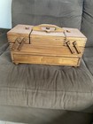 Vintage Wooden Romania Poland Accordion Fold Out Sewing Box Mid Century