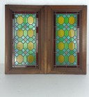 Pair Two Antique Leaded Glass Hand Carved Wooden Door Panels Reclaimed Architect