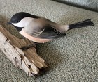 Vintage Phillip Zeller Signed Hand Carved Chickadee Bird On Driftwood Figurine