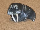Vintage Hand Carved Signed Bekoalook Inuit Walrus Green Soapstone Statue Tusks