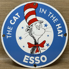 Vintage Esso Gasoline Porcelain Sign Gas Oil Pump Plate Cat In The Hat Dr Seuss