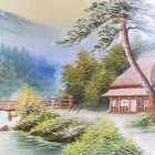 Handmade Japanese Pagoda Mountain River Landscape Embroidery Art