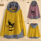 Women Long Sleeve Hoody Hoodie Shirt Tops Patchwork Striped Pullover Jumper Plus