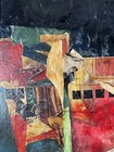 Harry D Bouras Vintage Modern Abstract Mixed Media Collage Oil Painting Old 1972