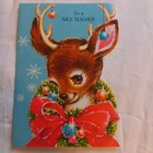 Vintage Christmas Greeting Card Big Eyed Deer Reindeer Ornaments Big Red Bow