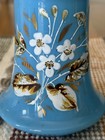 Pair Antique Victorian Hand Blown Blue Opaline Glass Candlesticks Floral Gilt