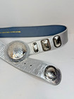 Wide Silver Metallic Adjustable Leather Belt Sz M Hammered Metal Buckle Boho Y2k