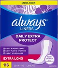 Always Daily Extra Protect Panty Liners  Extra Long Length  Unscented  116 Count
