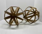 Lot Of 2 Vintage Wooden Orbs With Brass Rivets  Bamboo Style Decretive Balls 