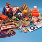 Junk Drawer Lot Mario patches  Military  Fire Dept  Medal  Apple Remote   