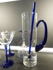 Vintage Mcm Glass Martini Pitcher  Stir Stick   Four Glasses W Cobalt Accents