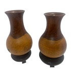 Pair Antique Carved Chinese Wooden Vases W  Wooden Stands Bases Signed Read