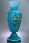 Antique Blue Cased Glass Vase Enamel Painted Butterfly Victorian Blown Art Glass