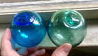 Pair Of Vintage Free Blown Glass Fishing Net Float Balls Blue   Green