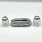 Vintage Pressed Mini Glass Salt   Pepper Shakers W Silver Tone Tray 1950s