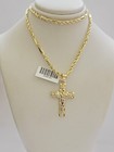 Real 10k Gold Milano Rope Chain   Cross Charm Pendant Set Necklace 24 Inch 3mm  