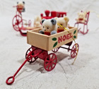 Vintage Avon Flocked Teddy Bear Ornaments On Red Metal Toys - Lot Of 5