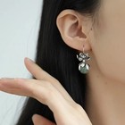 Vintage Sterling Silver Lotus Flower Drop Earrings Green Jade Stone Dangle Boho