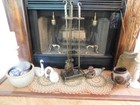 Vintage Cast Iron Fireplace Set  Brass Plated Iron hook Ends 4 Pc  Mid Century