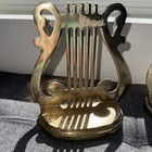 Vintage Harp Brass Book Ends Musical Symbol Pair Staff Stand Bookends